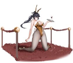 1girl absurdres alternate_costume animal_ears azur_lane bare_shoulders black_hair breasts cleavage commentary english_commentary fake_animal_ears fake_tail fishnet_pantyhose fishnets high_heels high_ponytail highleg highleg_leotard highres holding holding_tray kneeling large_breasts leotard long_hair looking_at_viewer pantyhose playboy_bunny ponytail rabbit_ears rabbit_tail shoes simple_background solo strapless strapless_leotard tail takao_(azur_lane) tray very_long_hair weebchair white_background yellow_leotard yellow_shoes
