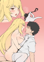 1boy 1girl absurdres after_kiss ball_gag black_hair blonde_hair breasts cleavage clothed_male_nude_female collarbone collared_shirt couple elbow_gloves faceless faceless_male gag gloves hair_between_eyes hetero highres holding_gag kamijou_touma large_breasts looking_at_viewer multiple_views nude open_mouth saliva saliva_trail sex shirt shokuhou_misaki short_hair simple_background spider_web_print spiked_hair star-shaped_pupils star_(symbol) straddling sweat symbol-shaped_pupils thighhighs toaru_kagaku_no_mental_out toaru_kagaku_no_railgun toaru_majutsu_no_index ungagged unworn_gag upright_straddle vaginal valtor white_gloves white_shirt white_thighhighs