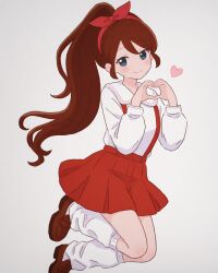 1girl blue_eyes blush bow brown_hair closed_mouth full_body hair_bow hairband heart heart_hands highres loafers long_hair long_sleeves looking_at_viewer loose_socks ponytail red_bow red_skirt ribbon ruirui_(taozhu_tongshu) school_uniform shirt shoes simple_background skirt smile socks solo suspender_skirt suspenders taozhu_tongshu white_background white_shirt white_socks yuzuki_false_butterfly