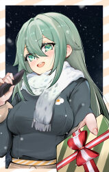 1girl black_shirt gift green_eyes green_hair hair_between_eyes highres holding holding_gift holding_phone long_hair long_sleeves looking_at_viewer lyi open_mouth phone scarf shirt snowing solo teeth upper_body upper_teeth_only venus_(zenless_zone_zero) white_scarf zenless_zone_zero