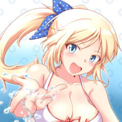 1girl artist_request blue_eyes blue_ribbon breasts collarbone freckles highres katharine_o&#039;hare large_breasts long_hair looking_at_viewer open_mouth ribbon second-party_source solo strike_witches:_suomus_misfits_squadron swimsuit upper_body water world_witches_series