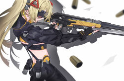 1girl absurdres black_blindfold black_pants black_shrug blindfold blonde_hair camouflage camouflage_jacket camouflage_pants cowboy_shot from_side gun gunblade hair_ornament highres holding holding_gun holding_weapon jacket lan_xiezi latex_pants long_hair pants parted_lips ponytail shrug_(clothing) triangle_hair_ornament trigger_(zenless_zone_zero) weapon white_background zenless_zone_zero