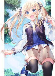 1girl 2021 :d black_ribbon black_thighhighs black_vest blonde_hair blue_eyes blue_shoes blue_sky blue_sweater_vest blush brown_skirt buttons collared_shirt commentary_request commission dated_commentary day floating_hair foot_out_of_frame hair_ribbon hand_up happy highres long_hair long_sleeves looking_at_viewer miniskirt open_clothes open_mouth open_vest outdoors ribbon saenai_heroine_no_sodatekata sawamura_spencer_eriri shirt shoes sidelocks skeb_commission skirt sky smile sneakers solo standing standing_on_one_leg sunlight sweater_vest thighhighs twintails vest white_shirt yam_(yamap_mako) zettai_ryouiki