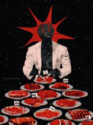 1boy banquet black_hair black_shirt coat cutlery cutting demon_horns distortion faceless food fork glitch halo halo_behind_head highres holding holding_fork holding_knife horns kim_dokja knife looking_at_viewer male_focus meat night night_sky numbered official_alternate_costume omniscient_reader&#039;s_viewpoint one_eye_covered plate red_eyes shirt sky solo space spiked_halo star_(sky) starry_sky upper_body vacation_town white_coat