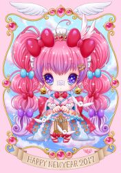 1girl 2017 animal bandaid bandaid_on_face bandaid_on_nose bell bell_earrings bird birdcage bow bowtie breasts cage chibi cleavage commentary_request detached_collar earrings feather_hair_ornament feathers full_body gradient_hair hair_bow hair_ornament happy_new_year holding japanese_clothes jewelry kimono long_hair long_sleeves maid_headdress miskiss multi-tied_hair multicolored_hair multiple_hair_bows new_year off_shoulder original pantyhose pink_hair purple_eyes purple_hair short_kimono solo sparkle twintails very_long_hair very_long_sleeves