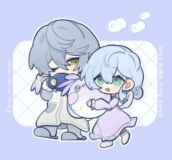 1boy 1girl alternate_costume alternate_hairstyle blue_hair blush_stickers brother_and_sister coat commentary dress green_eyes grey_footwear grey_hair hair_up head_wings highres holding holding_stuffed_toy honkai:_star_rail honkai_(series) looking_at_another nightgown no_halo one_eye_closed open_mouth purple_dress robin_(honkai:_star_rail) robin_(robird)_(honkai:_star_rail) sheep siblings slippers smile socks stuffed_toy sunday_(honkai:_star_rail) symbol-only_commentary takashi_(lqq3j) white_coat white_socks wings yellow_eyes
