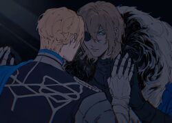 2boys armor arms_up banana69281 black_armor black_fur black_shirt blonde_hair blue_cape blue_eyes breastplate cape closed_mouth commentary dimitri_alexandre_blaiddyd dimitri_alexandre_blaiddyd_(timeskip) dual_persona fire_emblem fire_emblem:_three_houses garreg_mach_monastery_uniform gauntlets hair_behind_ear hair_between_eyes looking_at_another male_focus medium_hair multiple_boys nintendo school_uniform shirt short_hair side_cape time_progression upper_body white_fur