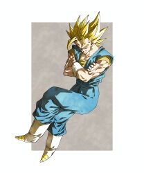 Rule 34 | 1boy, absurdres, blonde hair, blue pants, blue sash, blue shirt, boots, crossed arms, crossed legs, dougi, dragon ball, dragonball z, full body, gloves, grey background, highres, male focus, muscular, muscular male, nazunnio1225, orange shirt, pants, sash, shirt, simple background, solo, spiked hair, super saiyan, vegetto, white background, white boots, white gloves