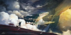 Rule 34 | 1boy, animal, arm up, bush, chinnkun, cloud, dawn, dog, facing away, fantasy, flock, flying whale, from behind, hill, landscape, original, painterly, red grass, signature, sky, whale