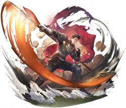 Rule 34 | 1boy, absurdres, aiguillette, armor, attack trail, belt, black boots, black hair, boots, brown belt, cape, crew cut, dust, game cg, gauntlets, halberd, highres, holding, holding polearm, holding weapon, knee guards, male focus, non-web source, official art, pauldrons, polearm, red cape, red eyes, rock, short hair, shoulder armor, solo, swinging weapon, sword of convallaria, torn cape, torn clothes, transparent background, very short hair, weapon, xavier (sword of convallaria)