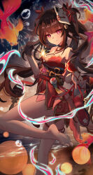 1girl absurdres aichinaigai beach black_gloves brown_hair feet_out_of_frame fireworks fish fox_mask gloves highres holding holding_shoes holding_unworn_clothes honkai:_star_rail honkai_(series) leg_up looking_at_viewer mask mask_on_head nail_polish outdoors red_eyes red_nails shoes single_glove smile solo sparkle_(honkai:_star_rail) sparkler unworn_shoes