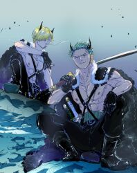 Rule 34 | 2boys, abs, black boots, black gloves, black pants, blonde hair, boots, cape, cigarette, commentary request, curly eyebrows, earrings, facial hair, fake horns, fur cape, gloves, goatee, green hair, hair over one eye, highres, holding, holding cigarette, holding sword, holding weapon, horns, jewelry, male focus, multiple boys, o-ring, official alternate costume, one eye closed, one piece, pants, rico opps, roronoa zoro, sanji (one piece), scar, scar across eye, scar on face, short hair, shoulder pads, smirk, smoke, squatting, stitched torso, stitches, sword, weapon