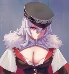 1girl 2024 artist_name azur_lane black_jacket breasts capelet cleavage fur-trimmed_capelet fur_trim graf_zeppelin_(azur_lane) heart heart-shaped_pupils highres jacket large_breasts long_sleeves looking_at_viewer purple_eyes ruan_dao solo symbol-shaped_pupils upper_body white_capelet