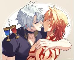 2boys antenna_hair arm_around_shoulder arm_tattoo black_choker black_shirt blonde_hair blue_eyes blush chest_tattoo choker commentary_request eye_contact gradient_hair honkai:_star_rail honkai_(series) imminent_kiss looking_at_another looking_at_viewer male_focus medium_hair multicolored_hair multiple_boys mydei_(honkai:_star_rail) parted_bangs phainon_(honkai:_star_rail) red_hair red_tattoo shirt shokill short_hair short_sleeves tattoo toned toned_male topless_male white_hair yaoi yellow_eyes