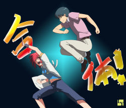casual club3 glasses green_hair highres jumping kitamura_yuusaku kushieda_minori punching red_eyes red_hair short_hair toradora! translation_request