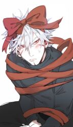 Rule 34 | 1boy, blush, closed mouth, facial mark, grey hair, long sleeves, male focus, naruto (series), naruto shippuuden, pants, red eyes, red ribbon, ribbon, senju tobirama, solo, sweatdrop, vosovic