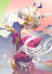 1girl absurdres arknights bare_shoulders braid closed_mouth cup dragon from_side gloves hair_ornament hair_over_shoulder highres holding holding_cup horns japanese_clothes kimono long_hair looking_at_viewer multicolored_hair pink_kimono pointy_ears ponytail saw272 shu_(arknights) sidelocks solo white_hair yellow_eyes yellow_gloves