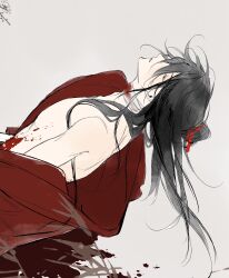 Rule 34 | 1boy, bandaged neck, bandages, bishounen, black hair, blood, blood on ground, blood on neck, blood on stomach, blood splatter, chinese clothes, chinese commentary, closed eyes, clothes down, dao gui yi xian, grass, hair bun, hair ribbon, half updo, hanfu, highres, li huowang, long hair, male focus, off shoulder, open clothes, open robe, parted lips, plant, red ribbon, red robe, ribbon, robe, robe partially removed, single bare shoulder, single hair bun, solo, stab, suibian59632, sword, weapon