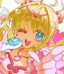 Rule 34 | 1girl, ahoge, blonde hair, blue eyes, blunt bangs, bubble, close-up, commentary, eyelashes, heart, highres, holding, holding microphone, jewelry, looking at viewer, mermaid melody pichi pichi pitch, microphone, nanami lucia, necklace, one eye closed, open mouth, pointing, pointing at viewer, prettysavage30, shell, shell necklace, sidelocks, solo, sparkle, teeth, twintails, upper teeth only