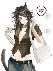 1girl :3 animal_ears bang_dream! bang_dream!_it&#039;s_mygo!!!!! belt black_belt black_hair blue_eyes breasts brown_jacket cat_ears cat_girl cat_tail cleavage ear_piercing earrings feiyu30903448 half_updo heart highres jacket jewelry kemonomimi_mode medium_breasts medium_hair midriff navel piercing shirt solo spoken_heart tail white_background white_bag white_shirt yahata_umiri