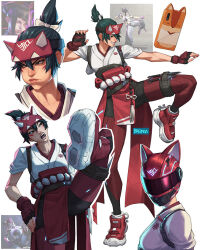 2girls breikka capcom cellphone female_focus fingerless_gloves full_body gloves green_hair hair_horns han_juri helmet japanese_clothes kiriko_(overwatch) kunai leg_up motorcycle_helmet multiple_girls overwatch overwatch_2 pelvic_curtain phone ponytail short_hair street_fighter street_fighter_6 weapon