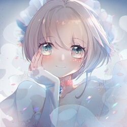 1girl ahoge aqua_eyes bare_shoulders blue_background brown_hair butterfly_hair_ornament cardcaptor_sakura choker closed_mouth commentary coral_hair_ornament dress eyelashes flower flower_choker frilled_hairband frills hair_between_eyes hair_flower hair_intakes hair_ornament hairband hand_on_own_cheek hand_on_own_face kinomoto_sakura light_blush light_particles lips lofter_username petals pink_flower pink_lips shoka_(tengruoxiaoting) short_hair_with_long_locks signature smile solo strapless strapless_dress symbol-only_commentary tareme upper_body watermark white_arm_warmers white_dress white_hairband