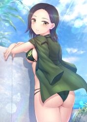 ass bikini black_hair blush breasts cloud comoli_harcourt crossed_arms day green_bikini green_jacket gundam gundam_gquuuuuux jacket jacket_on_shoulders light_rays looking_at_viewer looking_back medium_breasts mole mole_under_eye outdoors paid_reward_available parted_lips ryu-akt short_hair sky solo sunbeam sunlight swimsuit yellow_eyes