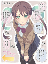 1boy arrow_(symbol) black_thighhighs blue_skirt blush bow bowtie brown_cardigan brown_eyes brown_shirt cardigan crossdressing embarrassed hair_ribbon highres homing_(areya) male_focus miniskirt open_mouth original pink_background red_bow red_bowtie ribbon shirt skirt solo speech_bubble sweat thighhighs thought_bubble trap twintails