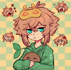1boy alternate_costume antenna_hair artist_name basil_(faraway)_(omori) basil_(omori) blonde_hair blue_eyes checkered_background chibi collarbone double-parted_bangs drooling fang flower hair_flower hair_ornament highres long_sleeves looking_at_viewer male_focus mask mask_on_head omori open_mouth parted_lips saliva sharp_teeth sleep_mask solo sprout_mole squeans teeth ullilya1 upper_body zzz