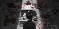 1boy ahoge bed book commentary computer danganronpa_(series) danganronpa_v3:_killing_harmony desk dice_members_(danganronpa) english_text explosive from_behind grenade hasugu_(hasugu_dg) hat jacket key knife male_focus mask monochrome oma_kokichi photo_(object) pillow rocket saihara_shuichi short_hair striped_clothes striped_jacket tagme upper_body