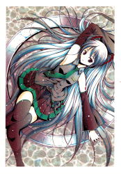 aqua_eyes aqua_hair bad_id bad_pixiv_id detached_sleeves hatsune_miku highres long_hair lying moonsorrow necktie on_back skirt solo thighhighs twintails very_long_hair vocaloid zettai_ryouiki