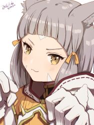 1girl :3 animal_ear_fluff animal_ears arched_bangs bodysuit cat_ears cat_girl closed_mouth commentary_request dated gloves grey_hair hair_ribbon highres looking_at_viewer nia_(xenoblade) portrait ribbon simple_background smile solo white_background white_gloves xenoblade_chronicles_(series) xenoblade_chronicles_2 yamamori_kinako yellow_bodysuit yellow_eyes yellow_ribbon