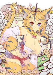 1girl ahoge animal_ears bell black_claws black_fur blue_eyes breasts brown_fur cherry_blossoms clawed_hands cleavage closed_mouth commentary_request detached_sleeves dress dunceneygak gradient_sash hand_on_own_hip heterochromia japanese_clothes jingle_bell large_breasts long_hair looking_at_viewer monster_girl neck_bell orange_eyes orange_fur original pink_dress pink_petals smile striped_fur striped_hair tiger_ears