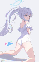 1girl absurdres ass bare_legs bare_shoulders barefoot blue_archive blue_halo closed_mouth dated_commentary frilled_one-piece_swimsuit frills from_behind grey_eyes hair_ribbon halo highres long_hair miyako_(blue_archive) miyako_(swimsuit)_(blue_archive) official_alternate_costume one-piece_swimsuit ponytail ribbon signature solo swimsuit unishaho white_background white_hair white_one-piece_swimsuit