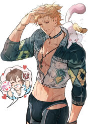2boys abs animal animal_on_shoulder blonde_hair blue_jacket blush blush_stickers bracelet brown_hair bulge chibi chibi_inset choker closed_eyes closed_mouth collarbone covered_erect_nipples cropped_jacket eiden_(nu_carnival) ermine green_choker green_jacket green_male_swimwear groin hand_fan hand_on_own_head hand_up hat heart highres holding holding_fan implied_yaoi jacket jewelry male_focus male_swimwear midriff miyamoyan multiple_boys muscular muscular_male navel necklace nu_carnival official_alternate_costume open_mouth partially_unzipped pectoral_cleavage pectorals ponytail quincy_(nu_carnival) red_eyes saliva shell shell_necklace short_hair short_ponytail simple_background smile solo_focus speech_bubble straw_hat topper_(nu_carnival) weasel wet wet_clothes wet_hair white_background zipper zipper_pull_tab