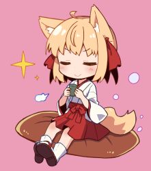 ahoge animal_ears blonde_hair bubble chibi closed_eyes closed_mouth commentary_request cup cushion fox_ears fox_girl fox_tail hakama hakama_skirt highres holding holding_cup japanese_clothes kimono light_blush long_sleeves miko obi original pink_background puff_of_air red_hakama red_sash sandals sash short_hair sigh simple_background sitting skirt smile socks star_(symbol) tail white_kimono white_socks wide_sleeves yukinagi