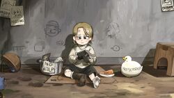 1girl aged_down bird black_boots black_shorts blonde_hair blue_eyes body_writing boots carrot chicken commentary cooking_pot dirty dirty_clothes diva_(hyxpk) duck english_commentary graffiti grey_shirt highres little_nuns_(diva) missing_poster mole mole_on_cheek mouse_(animal) on_floor poster_(object) shirt short_hair shorts single_boot sitting socks strict_nun_(diva) white_socks