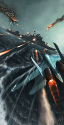ace_combat afterburner aircraft airplane battle cruiser damaged destruction dutch_angle epic explosion fighter_jet fire firing gun military military_vehicle no_humans ocean pvtskwerl realistic ship sky vehicle_focus war warship water watercraft weapon