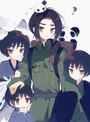 4boys ? animal animal_ear_fluff animal_ears axis_powers_hetalia belt black_hair blue_kimono breast_pocket child china_(hetalia) closed_mouth collared_jacket cowboy_shot flying_sweatdrops food green_jacket grey_belt grey_eyes hand_on_another&#039;s_head haori highres holding holding_food izuki1428 jacket japan_(hetalia) japanese_clothes kemonomimi_mode kimono long_hair long_sleeves looking_at_another looking_at_viewer low_ponytail male_focus military_jacket multiple_boys multiple_persona open_clothes open_mouth panda panda_ears pocket ponytail ribbon-trimmed_sleeves ribbon_trim short_hair simple_background smile standing steamed_bun tail white_background wide_sleeves wolf_ears wolf_tail yellow_eyes