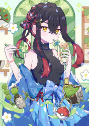 1girl absurdres alcremie alcremie_(clover_sweet) alcremie_(matcha_cream) black_hair breasts carmine_(pokemon) crossed_bangs drinking_straw food friend_ball gen_1_pokemon gen_7_pokemon gen_8_pokemon hair_between_eyes hair_ribbon haru_(haruxxe) highres long_hair mole multicolored_hair nintendo poke_ball pokemon pokemon_(creature) pokemon_sv poltchageist ribbon rowlet shirt sinistcha vulpix yellow_eyes