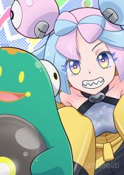 1girl bellibolt blue_hair bow-shaped_hair breasts character_hair_ornament collarbone creatures_(company) game_freak gen_1_pokemon hair_ornament hexagon_print highres iono_(pokemon) jacket long_hair long_sleeves low-tied_long_hair magnemite multicolored_hair nintendo okiami2009 oversized_clothes pink_hair pokemon pokemon_sv sharp_teeth sleeveless sleeves_past_fingers sleeves_past_wrists smile split-color_hair teeth very_long_sleeves x yellow_jacket