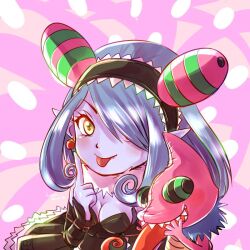 appmon blue_hair chameleon digimon dress earrings jewelry long_hair mienumon nail_polish one_eye_covered puppet tiara yellow_eyes
