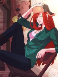 1girl artist_name bear black_boots body_freckles boots breasts chair cleavage denim earflap_hat female_focus freckles fur_hat gravity_falls green_eyes hand_on_own_head hat jeans long_hair pants plaid_clothes plaid_shirt red_hair shirt shunkaku sitting solo ushanka wendy_corduroy