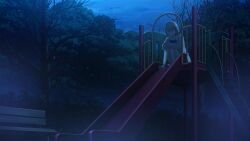 Rule 34 | 1girl, bench, breasts, brown eyes, brown hair, cloud, dark, frown, game cg, hair ornament, hairclip, heart, heart hair ornament, highres, hugging own legs, impossible clothes, jacket, knees together feet apart, large breasts, long sleeves, narusawa ryouka, night, occultic;nine, official art, outdoors, pako (pakosun), park, park bench, science adventure, shoes, sitting, sky, solo, thighhighs, thighs, thinking, tree, white jacket, white shoes, white thighhighs