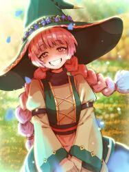 1girl blurry blurry_background braid cutterhappa day green_hat grin hat highres long_hair long_sleeves martia_uragil netabare_ga_hageshi_sugiru_rpg outdoors pink_eyes pink_hair smile solo twin_braids twintails wide_sleeves witch_hat