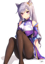 1girl absurdres artist_name bare_shoulders breasts brown_pantyhose choker cone_hair_bun detached_sleeves dhokidoki diamond-shaped_pupils diamond_(shape) double_bun dress genshin_impact hair_bun hair_ears highres keqing_(genshin_impact) knees_up looking_at_viewer medium_breasts neck_tassel pantyhose purple_choker purple_dress purple_eyes purple_hair sitting solo symbol-shaped_pupils thighs twintails white_background