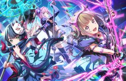 3girls :d aihara_tsubaki aihara_tsubaki_(cosplay) anyoji_hime black_cape black_hair black_scarf blonde_hair blunt_bangs boots breasts brown_hair cape closed_mouth clothing_cutout cosplay electric_guitar enpera floating_cape fox_mask frown game_cg gradient_hair green_eyes green_kimono guitar highres holding holding_megaphone holding_scythe holding_weapon horn_hairband instrument japanese_clothes kachimachi_kosuzu kimono link!_like!_love_live! long_hair long_sleeves looking_at_viewer looking_back love_live! mask mask_on_head medium_breasts megaphone momose_ginko multicolored_hair multiple_girls noh_mask off_shoulder official_alternate_costume official_art ongeki open_mouth pink_eyes pink_hair playing_guitar purple_footwear red_scarf scarf scythe short_hair side_cutout side_ponytail sidelocks smile straight_hair streaked_hair takase_rio takase_rio_(cosplay) thigh_boots third-party_source two-sided_scarf v-shaped_eyebrows very_long_hair virtual_youtuber weapon wide_sleeves yuuki_riku yuuki_riku_(cosplay)