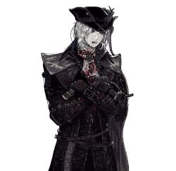 1girl ascot blood bloodborne coat gd1lv gem gloves hat hat_feather holding holding_weapon lady_maria_of_the_astral_clocktower long_hair looking_at_viewer ponytail rakuyo_(bloodborne) simple_background solo sword tricorne weapon white_hair