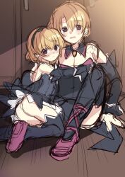 Rule 34 | 1boy, 1girl, absurdres, angel mort, ass, bare shoulders, black collar, blonde hair, blush, collar, crossdressing, detached sleeves, full body, headband, highres, higurashi no naku koro ni, houjou satoko, houjou satoshi, hug, leotard, mary janes, on floor, pyuchi, red eyes, shoes, short hair, siblings, sitting, sketch, thighhighs
