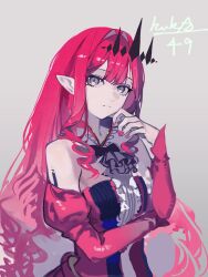 1girl absurdres baobhan_sith_(fate) baobhan_sith_(first_ascension)_(fate) bare_shoulders closed_mouth detached_sleeves dress fate/grand_order fate_(series) fingernails grey_eyes highres jiuxiaoshi long_hair looking_at_viewer pink_dress pink_hair pink_nails pink_sleeves solo upper_body